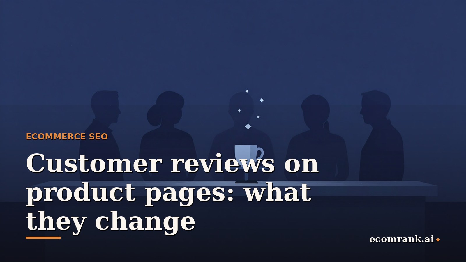 Illustration of customer silhouettes gathered around a ceramic mug on a small display stand, a few simple stars floating above