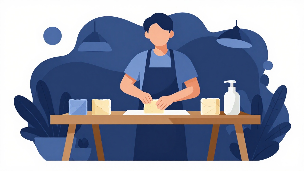 Soap maker wrapping handmade soaps at a wooden workbench in natural morning light