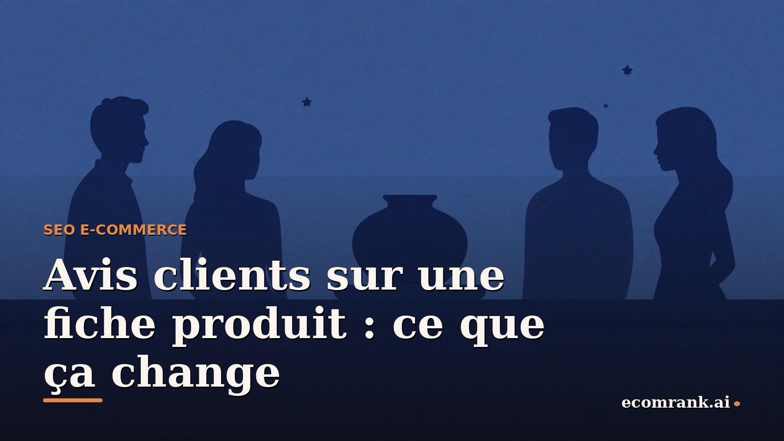 Illustration de silhouettes de clients rassemblées autour d'une pièce de céramique posée sur un petit présentoir, quelques étoiles simples flottant au-dessus