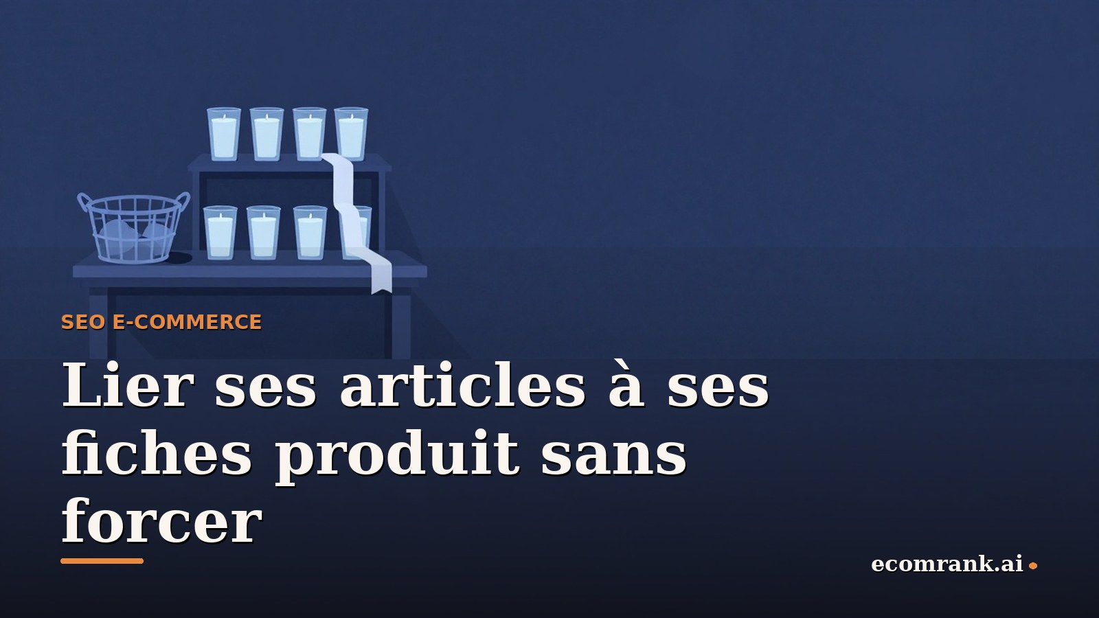 Illustration d'un atelier de bougies où un ruban déroulé relie un présentoir de bougies posé sur l'établi à un panier de commande placé un peu plus loin